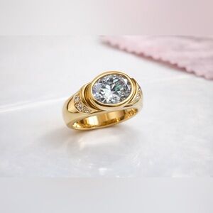 Gold Tone Statement Ring Large CZ Bezel Set Size 6